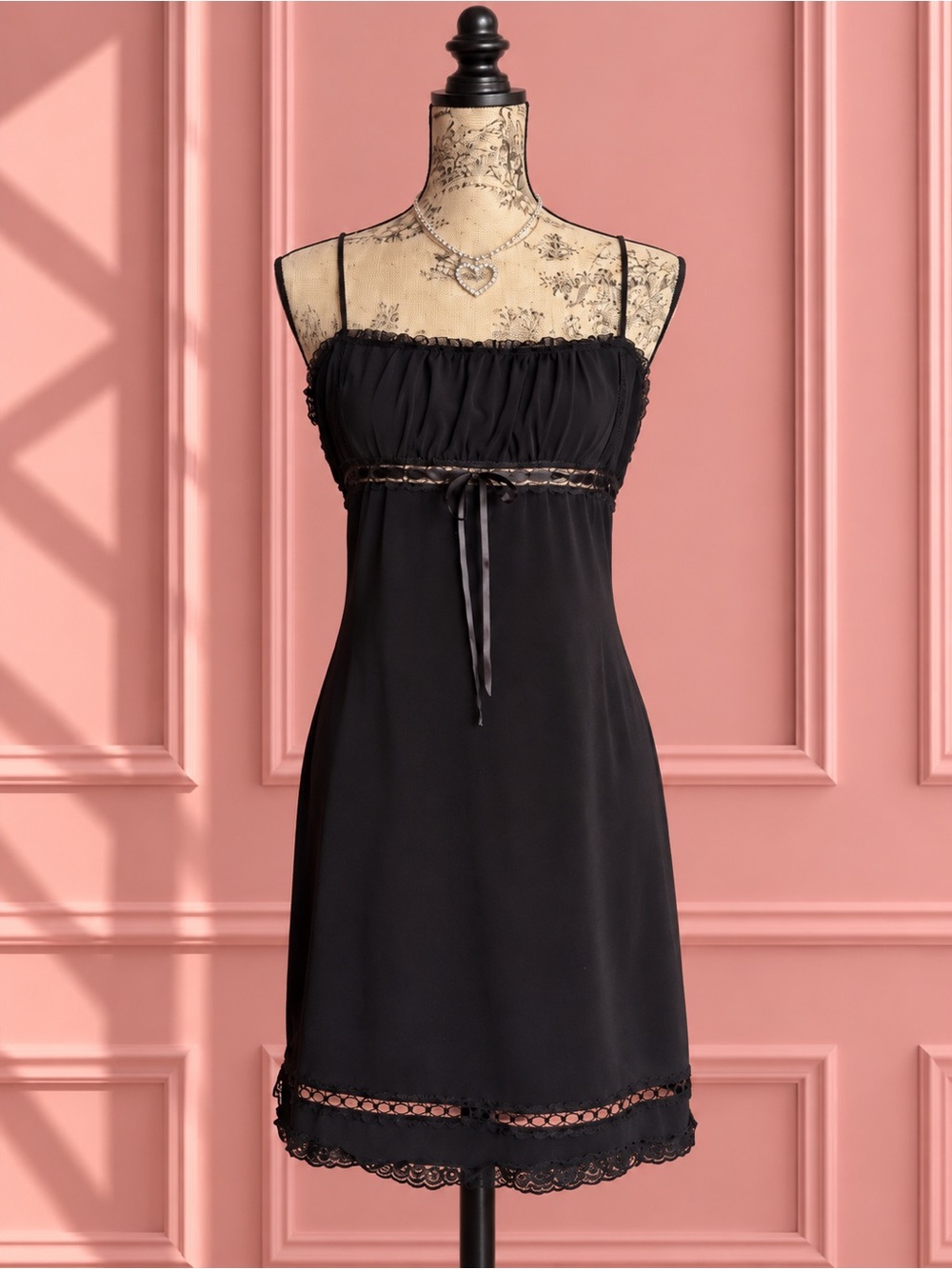 Y2K Black Lace-Trim Slip Midi Dress M/L
